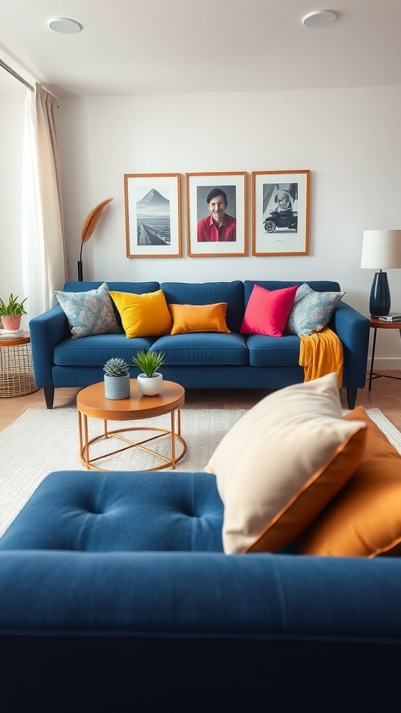 A living room featuring a navy blue sofa with colorful throw pillows, a round coffee table, and wall art.