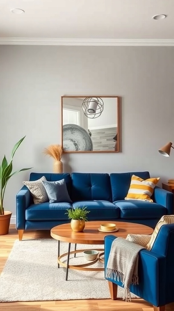 A cozy living room featuring a navy blue sofa, wooden coffee table, and earthy decor elements.