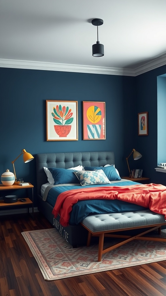 A navy blue bedroom featuring a bed with a red throw blanket, colorful artwork on the walls, and stylish lighting.