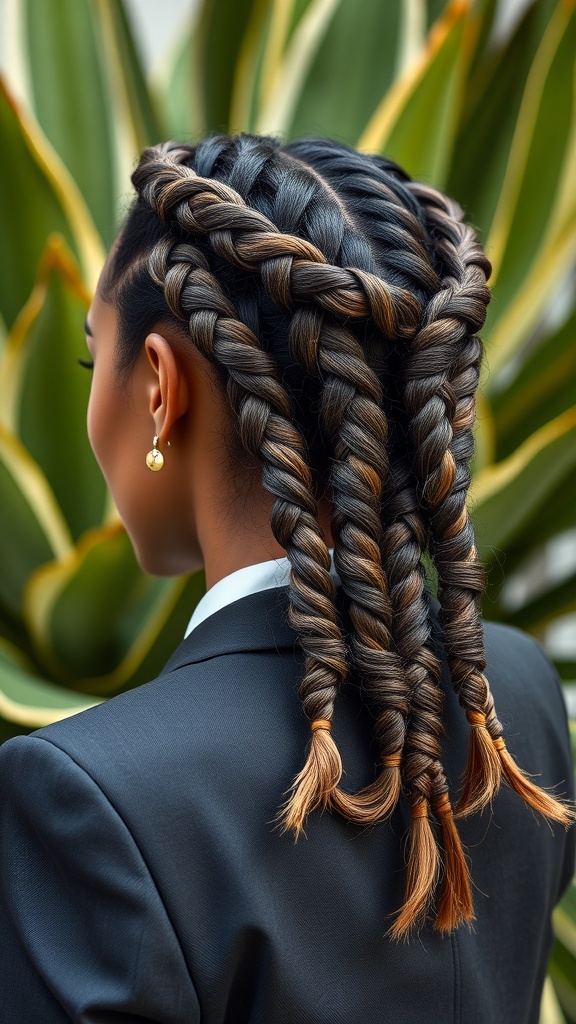 A woman with a neat braided crown hairstyle, wearing a business suit, showcasing a unique flair with her hair.