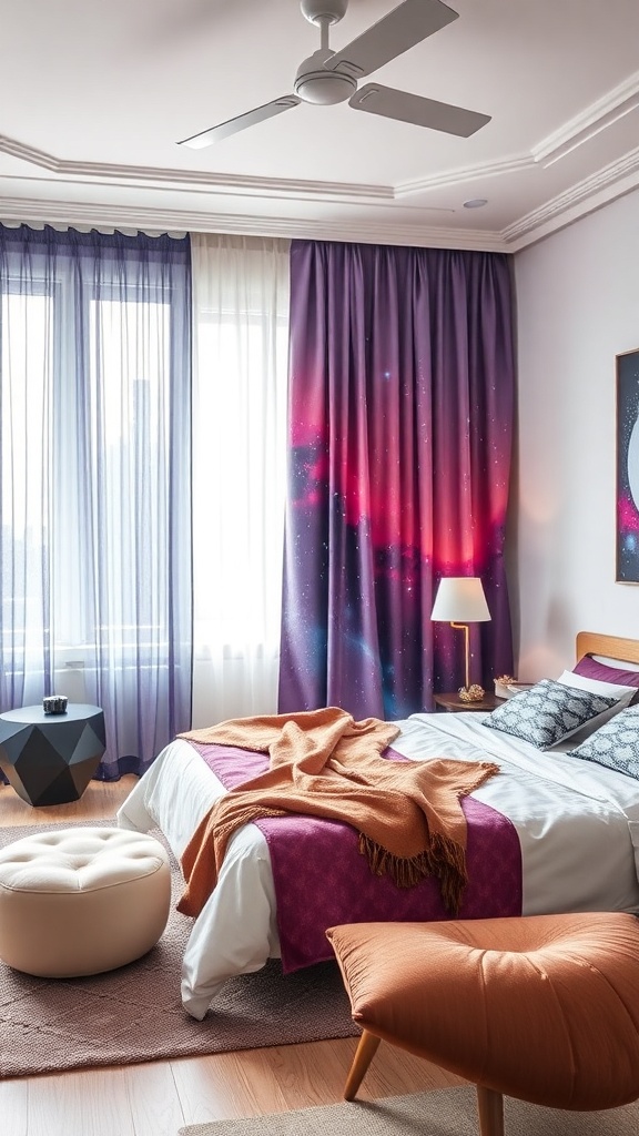 A bedroom with nebula-inspired curtains in purple and red, featuring a cozy bed and modern decor.