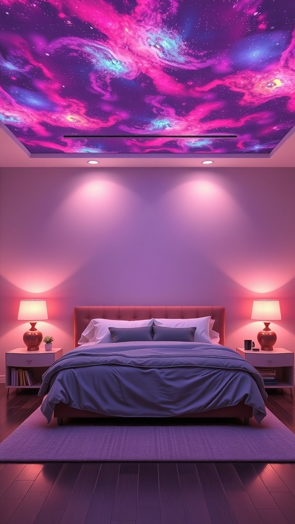 A cozy bedroom with a nebula-inspired ceiling and warm lighting.