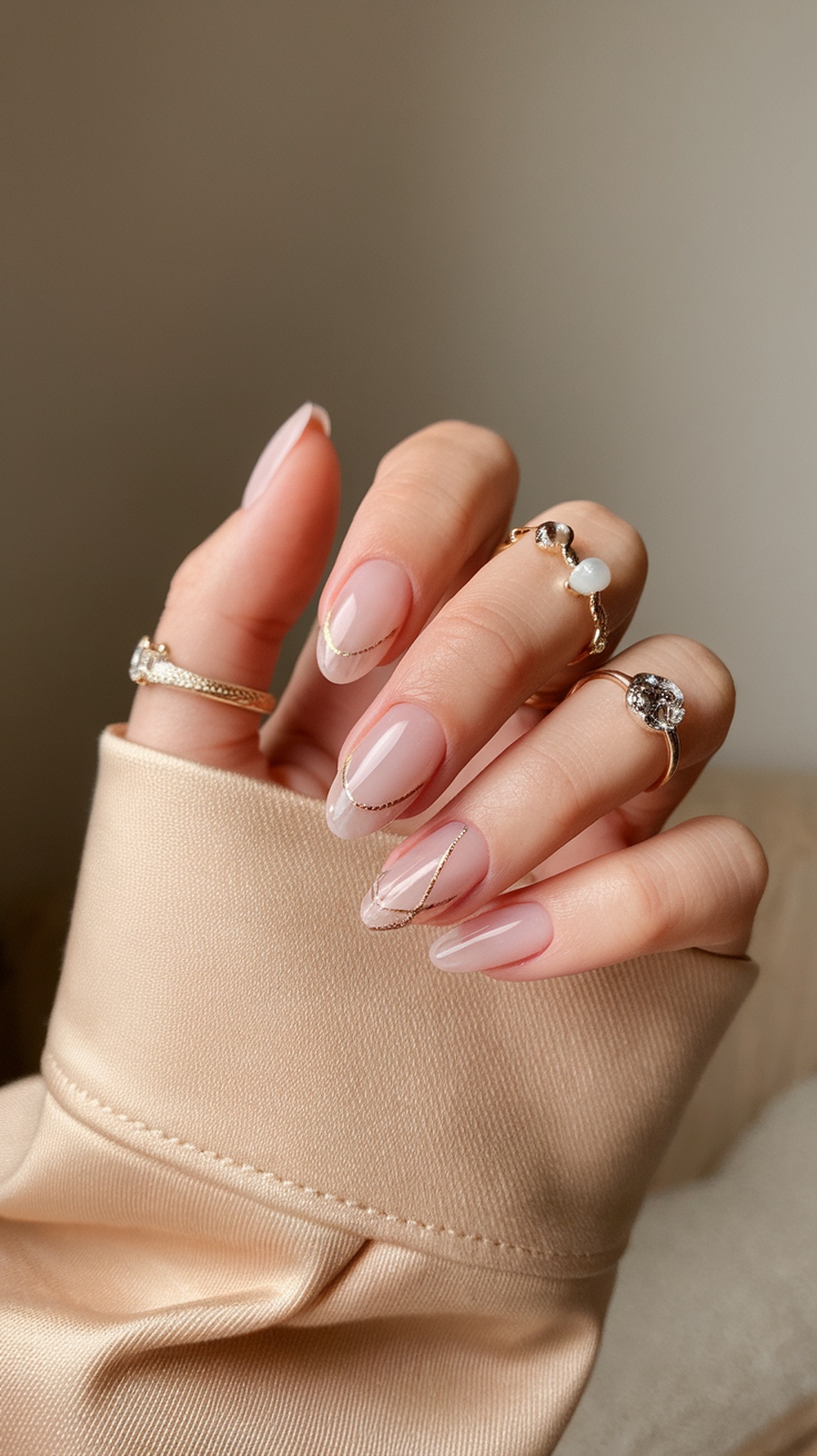 A hand with soft pink nails featuring negative space designs and elegant rings.
