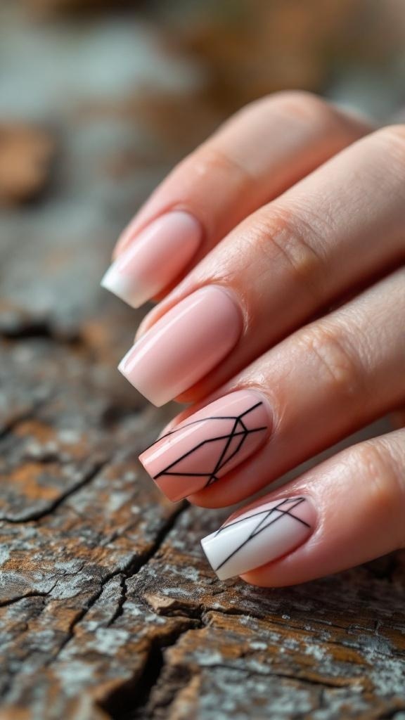 Close-up of negative space French nail art with geometric white lines on a soft pink base, featuring a silver ring.