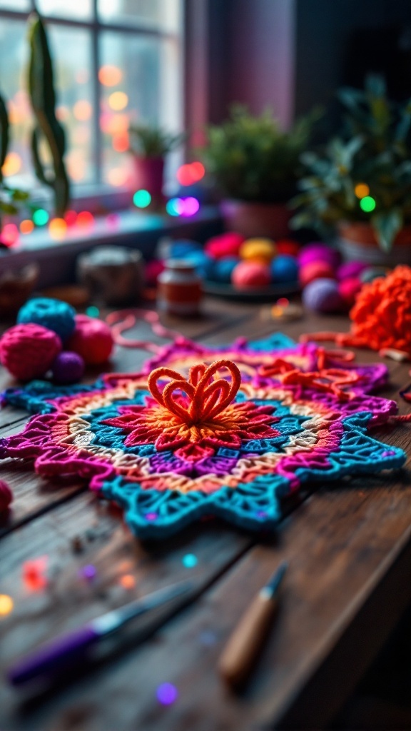 A colorful crochet piece on a wooden table, surrounded by yarn and crafting tools, creating a lively atmosphere.