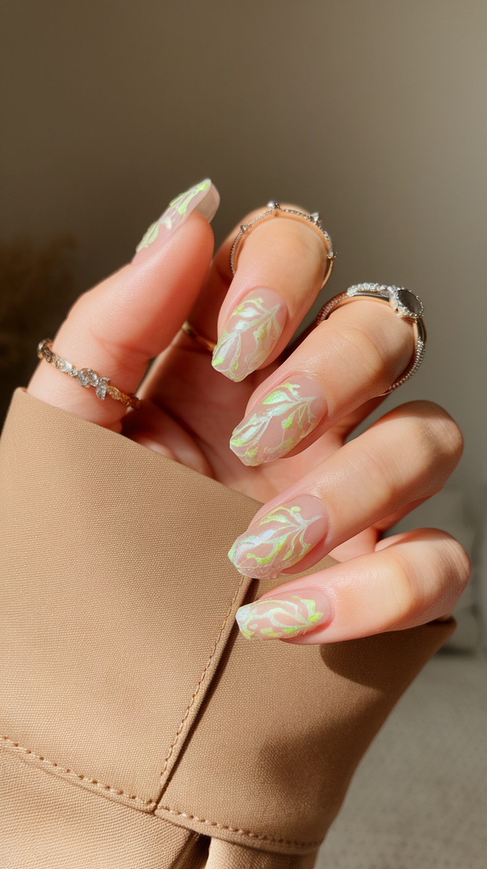 Close-up of hands with neon floral nail art on long nails, featuring green floral designs on a clear base.