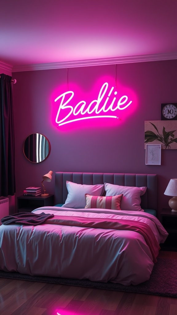 A stylish bedroom featuring a neon sign that says 'Badlie' in pink, with cozy bedding and modern decor.