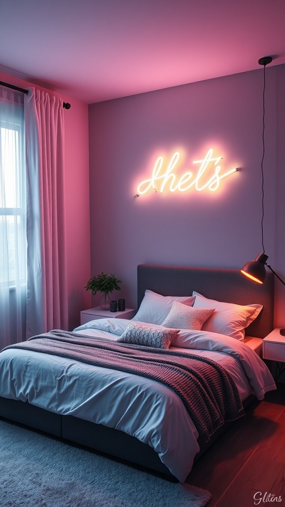 A cozy bedroom featuring a glowing neon sign on the wall, with soft pink lighting and a neatly made bed.