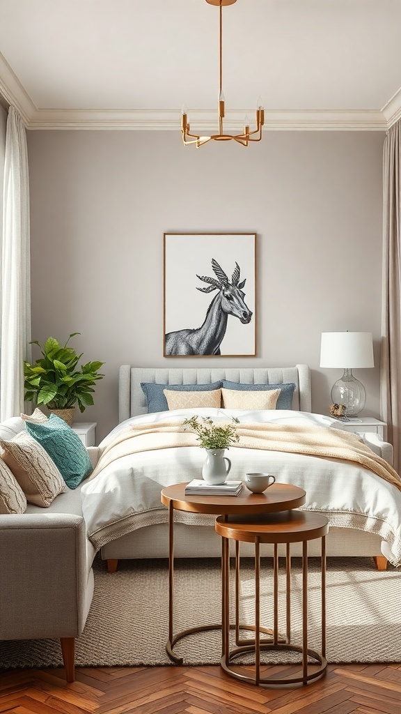 A cozy bedroom with nesting tables beside a sofa, showcasing a stylish and functional design.