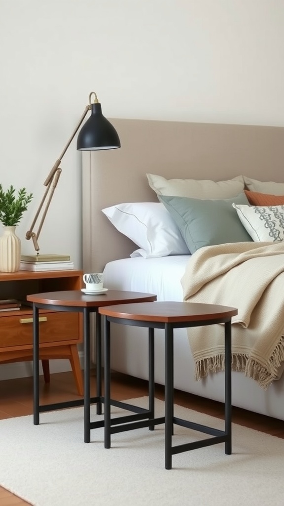 A pair of nesting tables next to a bed with a lamp and decorative items.