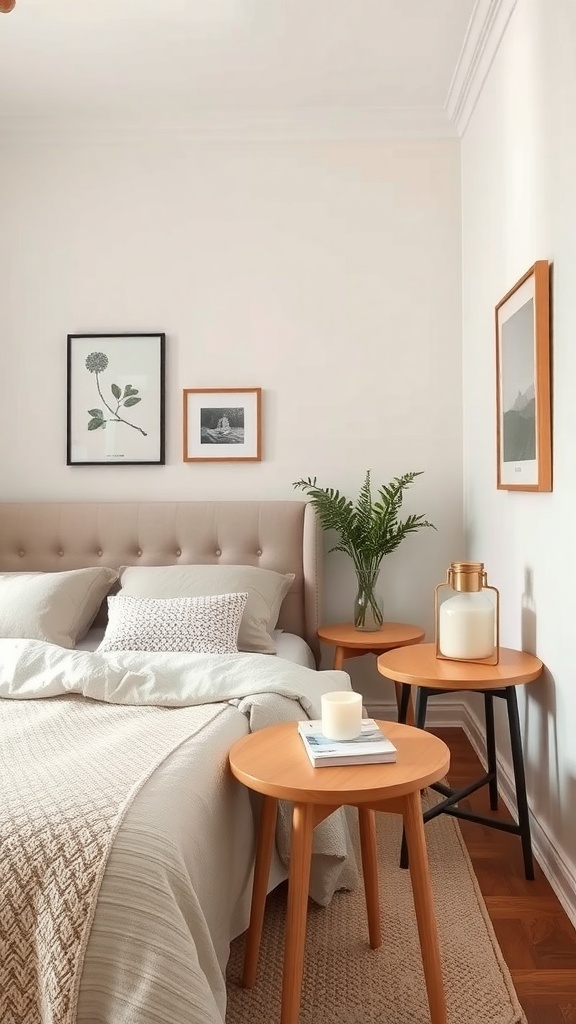 A cozy bedroom with a bed, light-colored bedding, and two nesting tables beside it.
