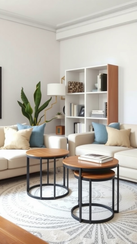 A cozy living room with nesting tables and comfortable seating.