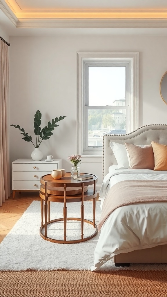 A cozy bedroom featuring a set of nesting tables beside a bed, with soft bedding and natural light.