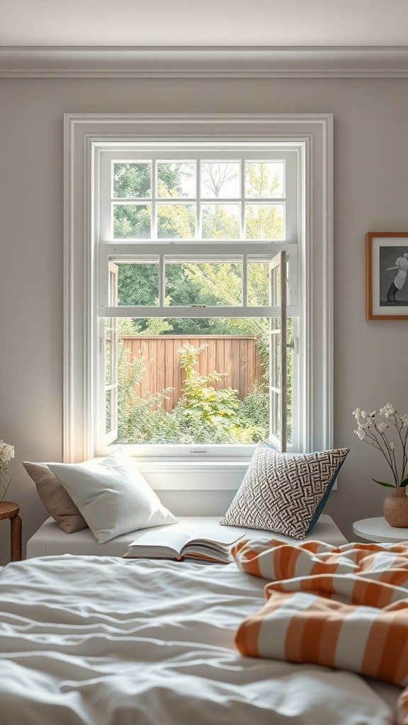 Cozy reading nook under a window with cushions and an open book.