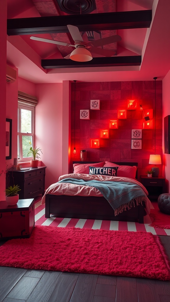 A vibrant bedroom with a Nether theme, featuring red walls, cozy bedding, and glowing lights.