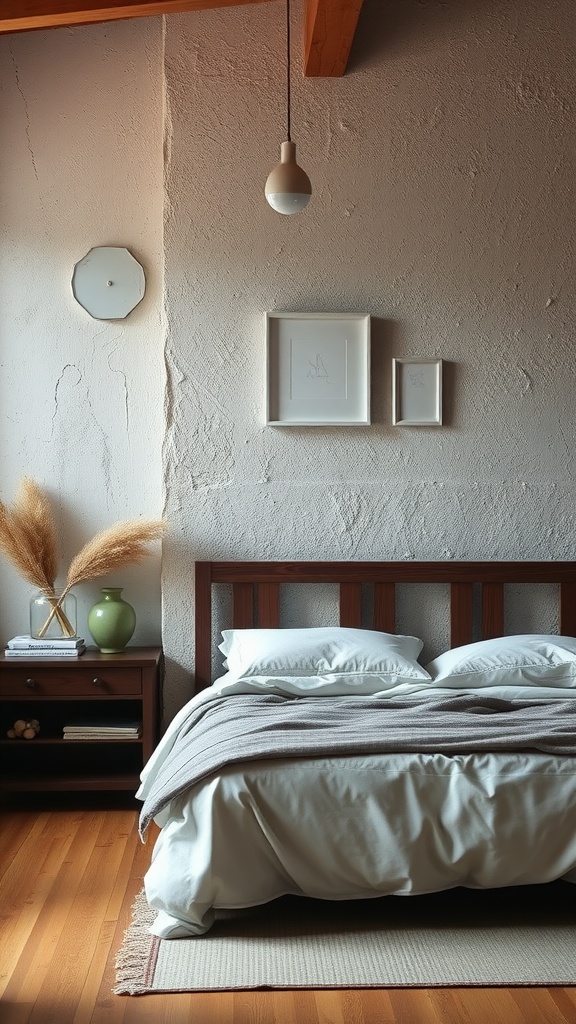 A rustic bedroom featuring a neutral accent wall, a wooden bed, and simple decor.