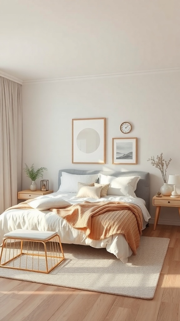 A neutral bedroom featuring soft colors, simple art, and cozy decor.