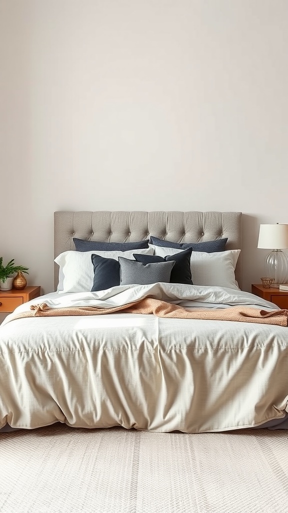 A small bedroom featuring neutral bedding with a light duvet and dark throw pillows, creating a stylish masculine look.