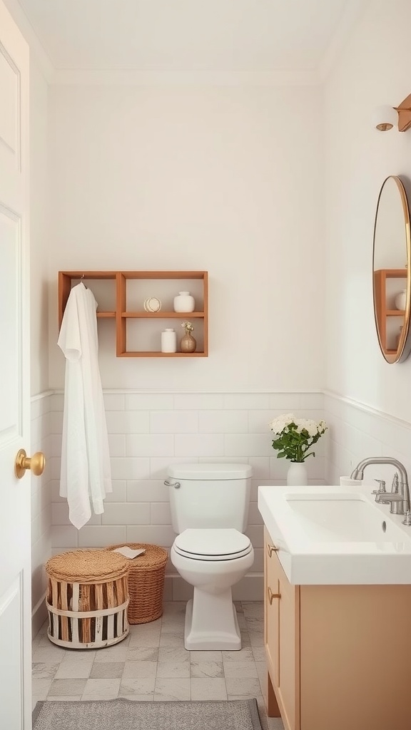 A neutral-toned rustic bathroom featuring light colors, wooden shelves, and natural decor.