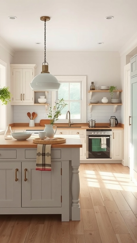 A cozy farmhouse kitchen featuring a neutral color palette with wooden accents.