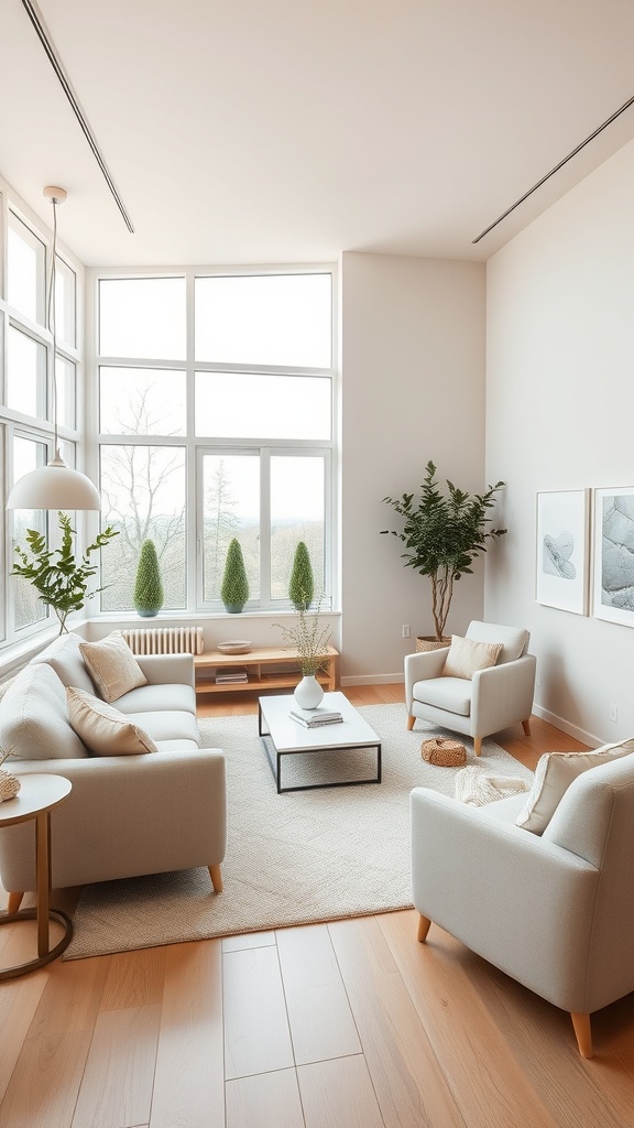 A minimalist living room featuring a neutral color palette with light furniture and large windows.