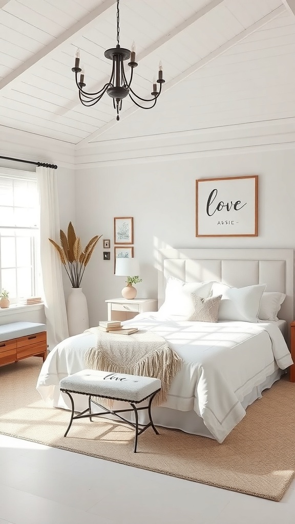 A bright farmhouse bedroom featuring a neutral color palette with white linens, light wood furniture, and natural decor.