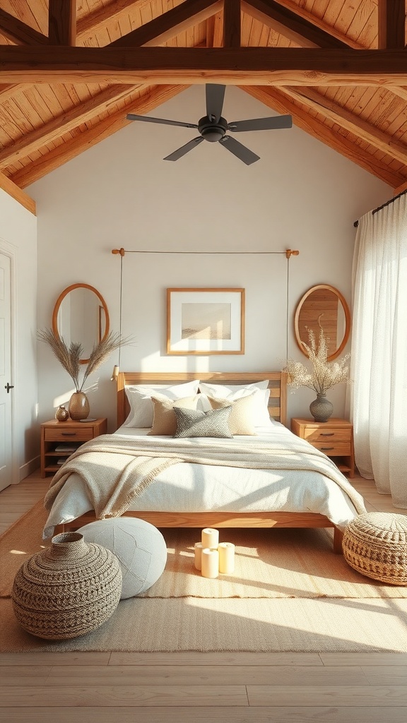 A cozy western bedroom with a neutral color palette featuring wooden beams, a light bedspread, and decorative baskets.