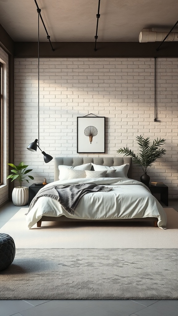 An industrial bedroom featuring a neutral color palette with light walls, a cozy bed, and plants.