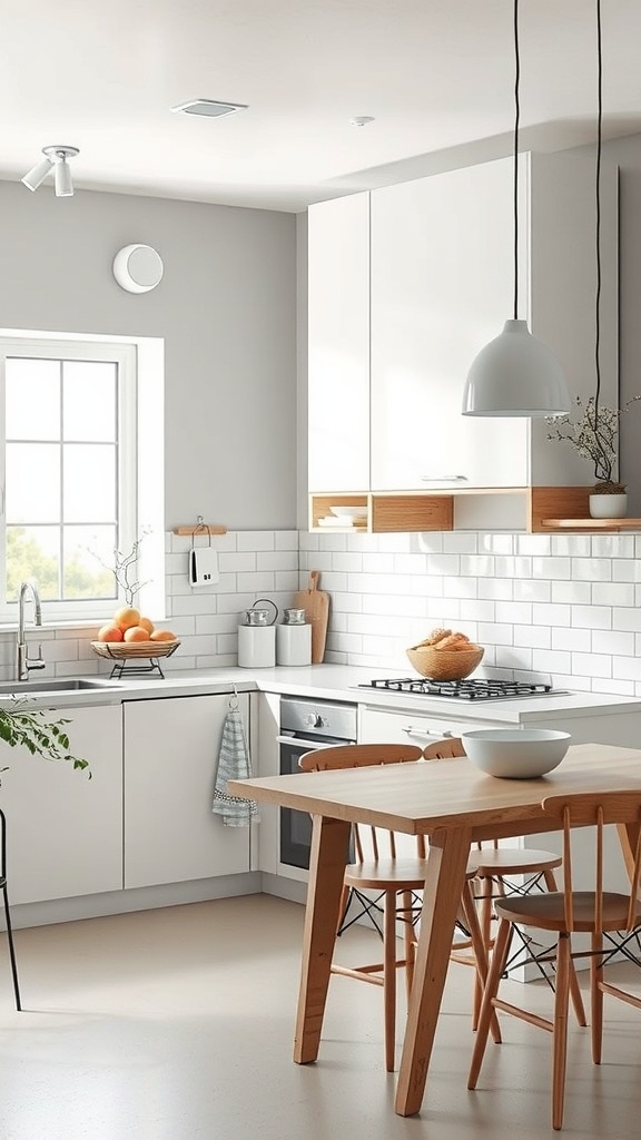 A serene Japandi kitchen featuring neutral colors, wooden accents, and natural light.