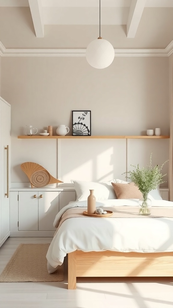 A minimalist kitchen with a neutral color palette, featuring light colors and simple decor.