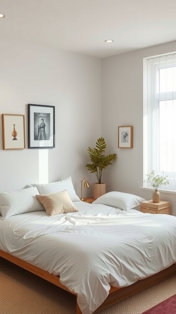 A cozy bedroom with neutral walls, white bedding, wooden furniture, and decorative plants.