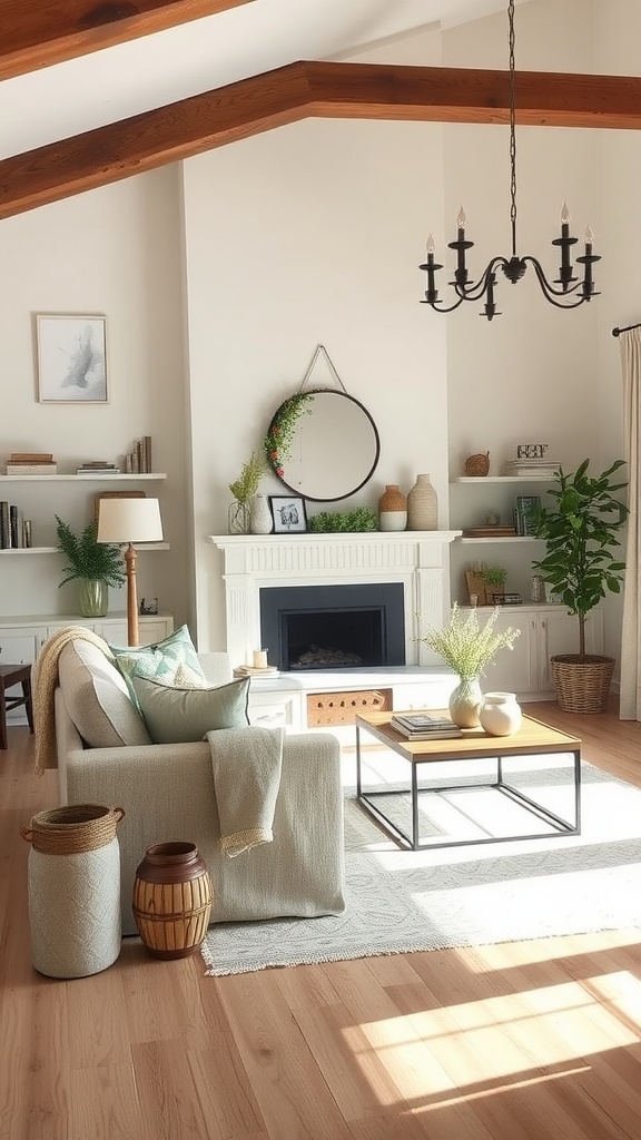 A cozy farmhouse living room featuring a neutral color palette with wooden beams and natural decor.