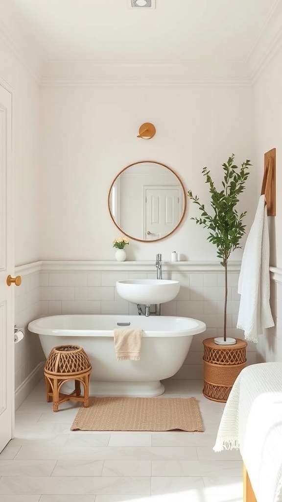 A modern small bathroom with a neutral color palette, featuring a white bathtub, round mirror, and natural decor elements.