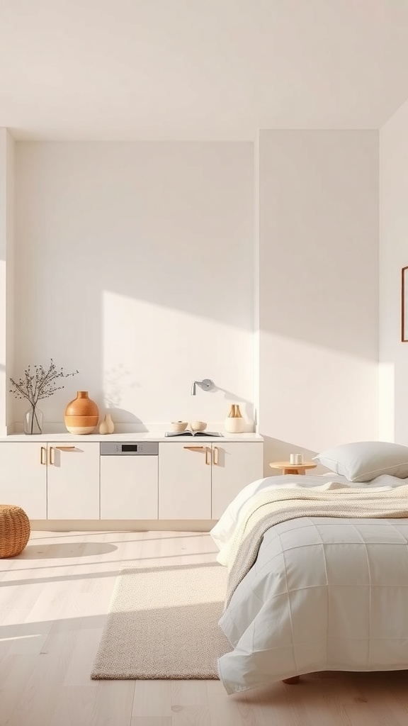 A serene Japandi kitchen featuring neutral colors, natural light, and minimalist design.