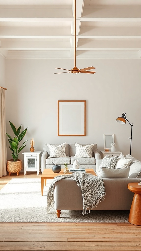 A cozy farmhouse living room with neutral color palette, featuring light gray sofas, wooden furniture, and indoor plants.