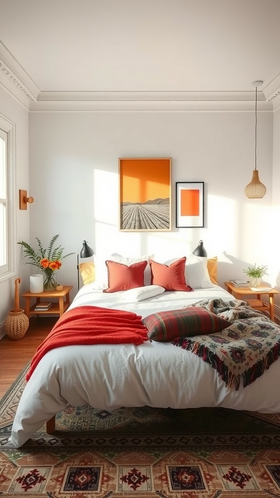 A Scandinavian boho bedroom with a neutral color palette featuring orange accents, cozy textiles, and plants.