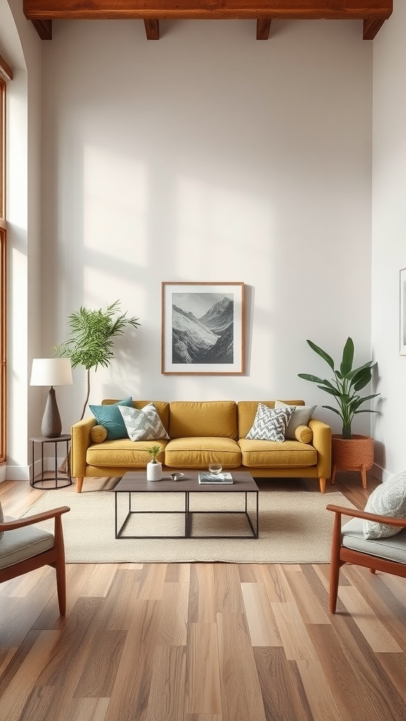 Living room with an olive green couch, neutral walls, wooden beams, and plants