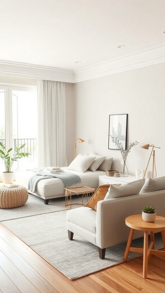 A serene living room with neutral colors, a cozy sofa, and natural light.