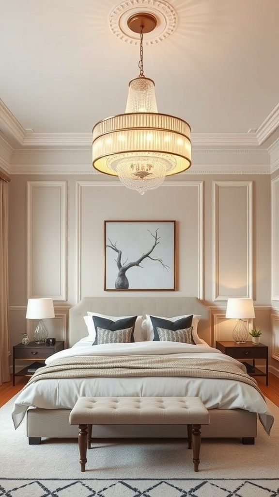 A neutral bedroom featuring a chandelier, plush bed, and stylish decor.