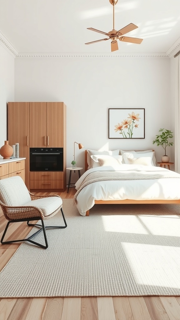 A cozy kitchen with a neutral rug on wooden flooring, featuring light decor and warm tones.