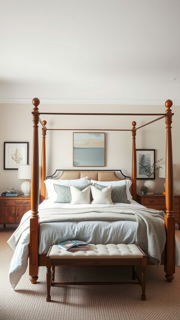 A serene four-poster bedroom with neutral tones, featuring a wooden bed, soft bedding, and textured decor.