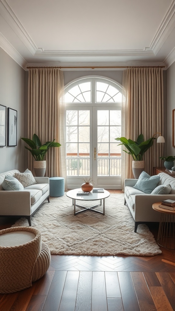 A cozy living room with neutral tones, featuring a soft rug, light gray walls, and stylish furniture.