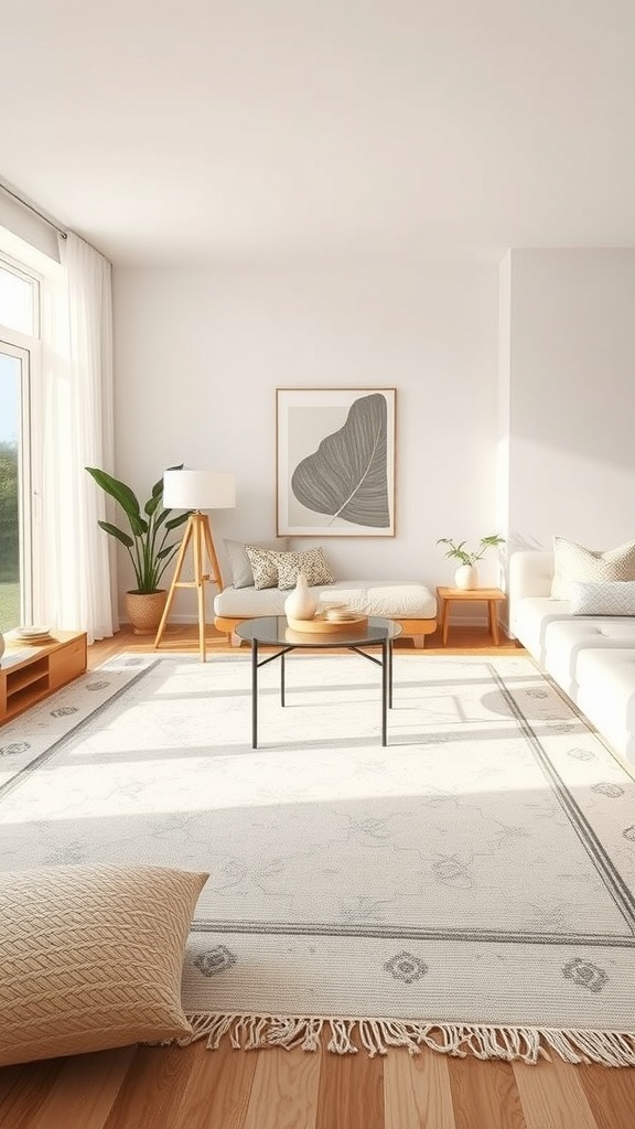 A calm living room featuring a neutral-toned rug, light wood flooring, and minimalist decor.
