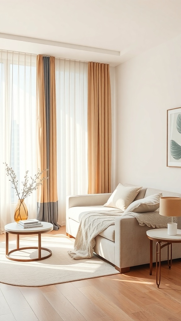 A cozy living room with neutral-toned curtains, a light sofa, and a round coffee table.