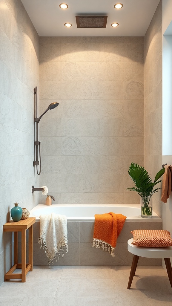 A modern shower with neutral gray tiles, accented by orange towels and a green plant.
