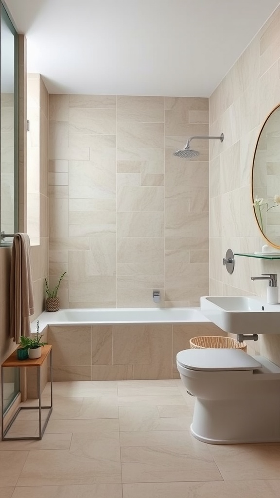 A modern bathroom featuring neutral beige tiles, a bathtub, a sink, and decorative elements like a wooden stool and plants.