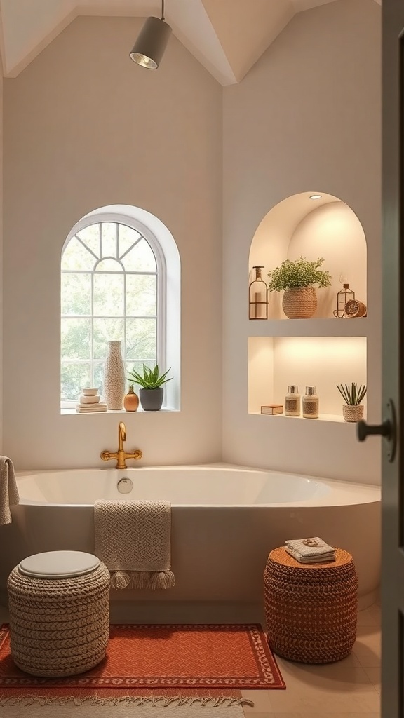A modern bathroom with a bathtub, niche lighting, and decorative elements.