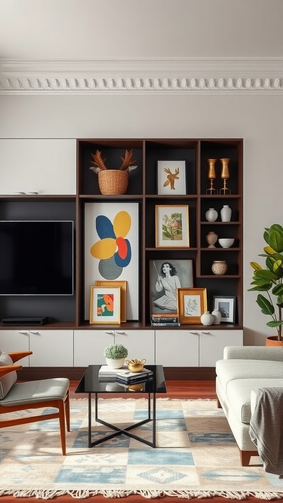 A modern living room with a niche wall unit displaying artwork and decorative items.