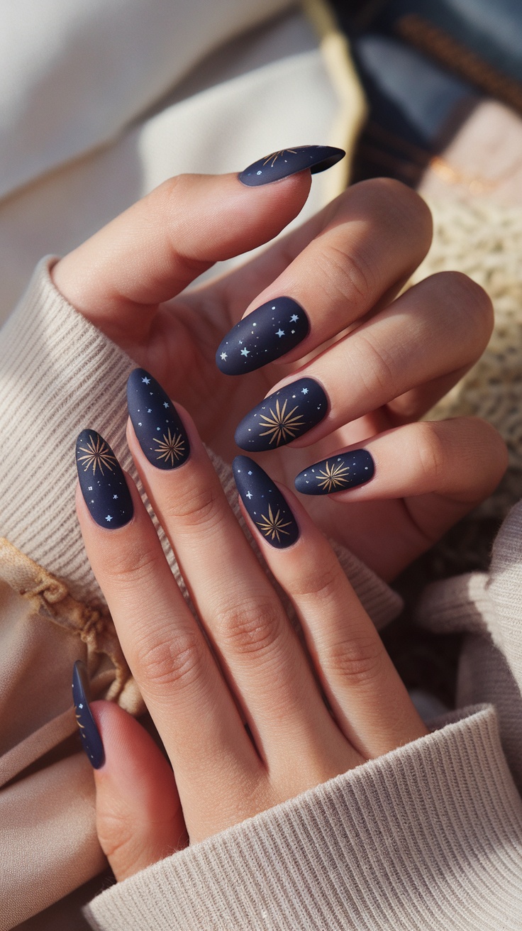 Nail art design featuring a navy background with gold starbursts and white stars, reflecting a night sky theme.