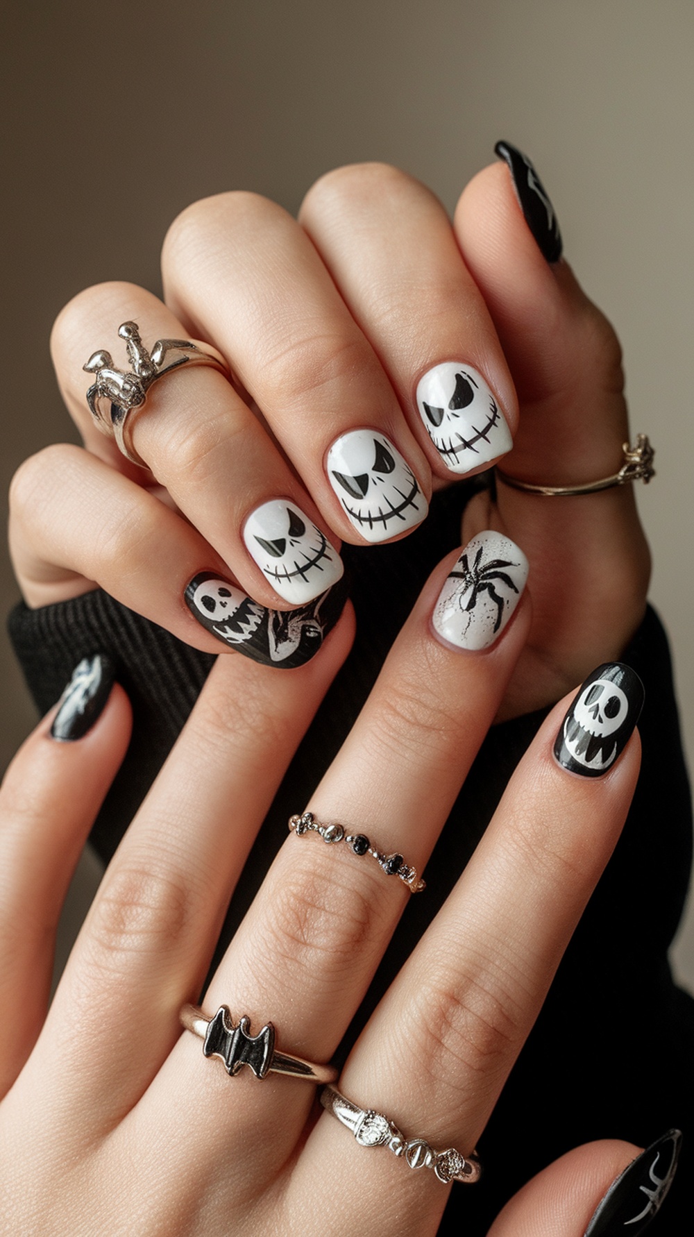Nails inspired by The Nightmare Before Christmas featuring Jack Skellington's face and Halloween motifs.